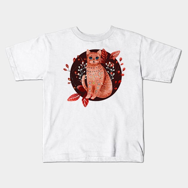 Nordic Folk Art Cat, Woodland Animals Folk Art Kids T-Shirt by Coralgb